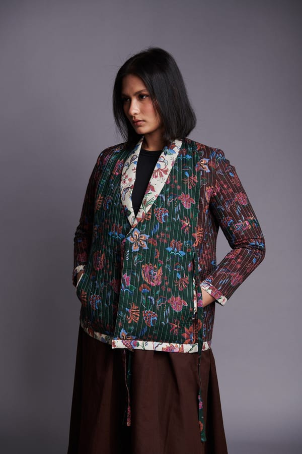 Coffee Quilted Floral Wrap Jacket with Tie-Up — Saphed