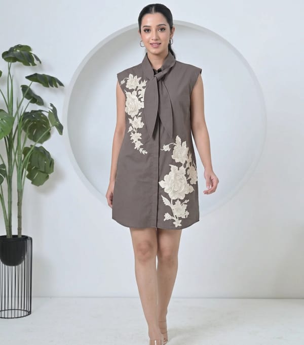 Tiger Flower Emb Tie-Up Sleeveless Dress — RUCHIKA MALLIKA LABEL
