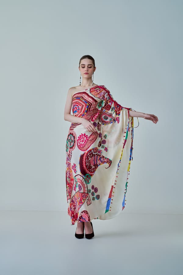 Ivory/Multi One-Shoulder Printed Maxi Kaftan — Saaksha and Kinni