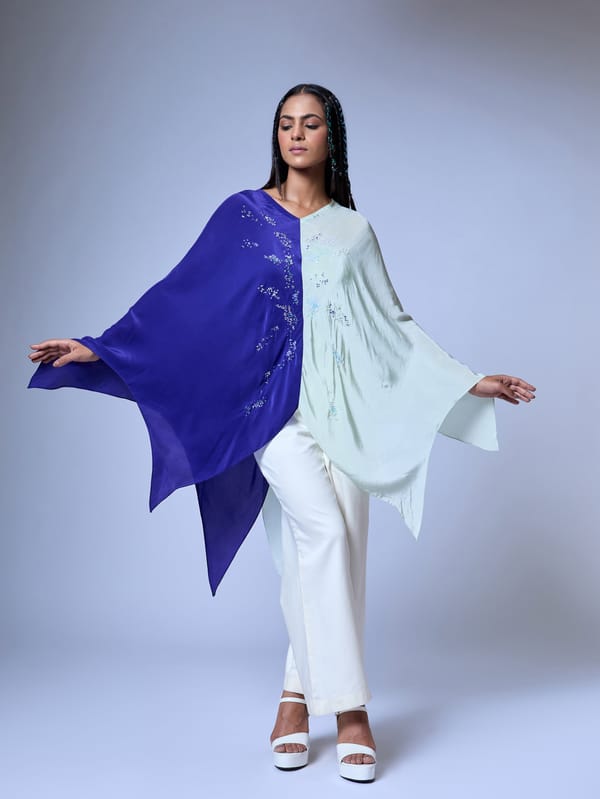 Blue Colorblock Draped Cape Top with Sequin Embroidery — Vrinda Soni