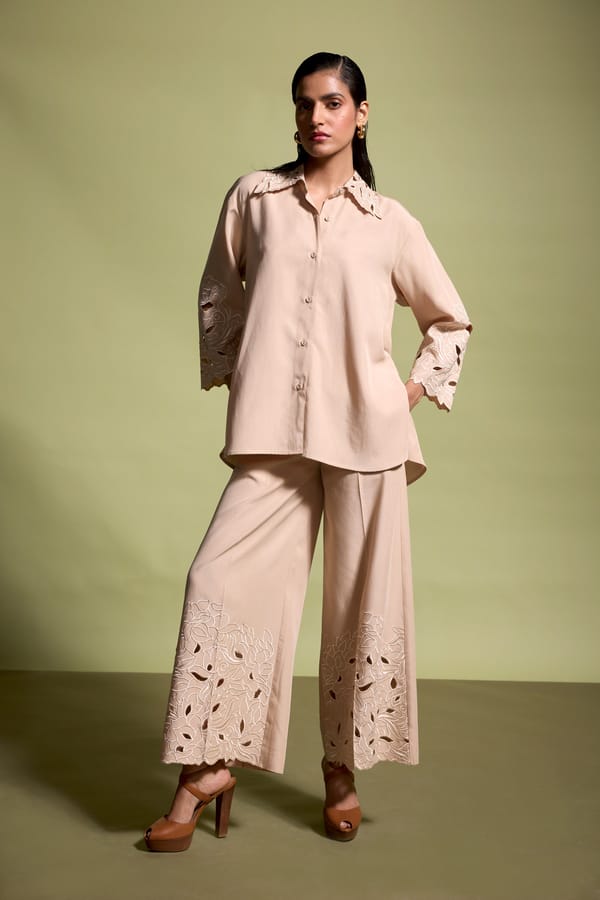 Sand Tencel Wide-Leg Trousers with Cutwork Hem — Dash and Dot