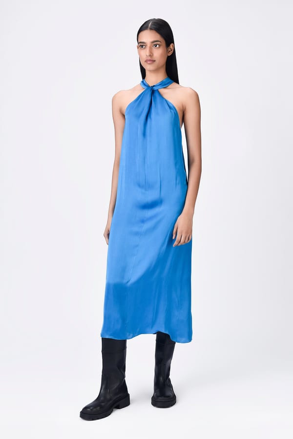 Azure Blue Viscose Satin Halter Neck A-Line Maxi Dress — Genes Lecoanet Hemant