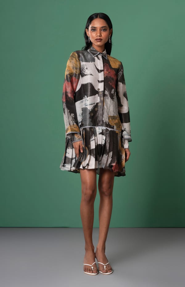 Multicolour Abstract Printed Satin Shirt Dress — ADVAIT