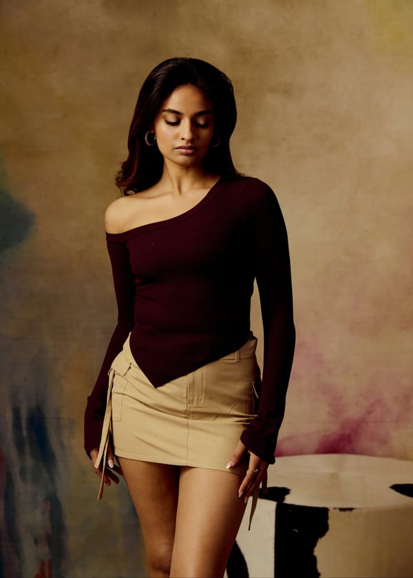 Wine One-Shoulder Rib Knit Top with Asymmetrical Hem — Lea Clothing
