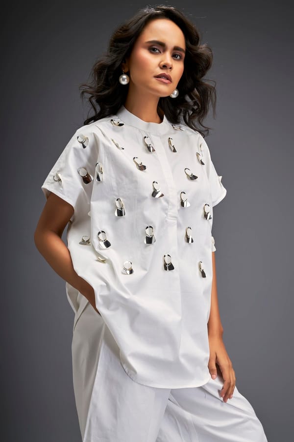Shirt With Glossy Metallic Discs Embellishments With Wide-Leg Pants — Deepika Arora