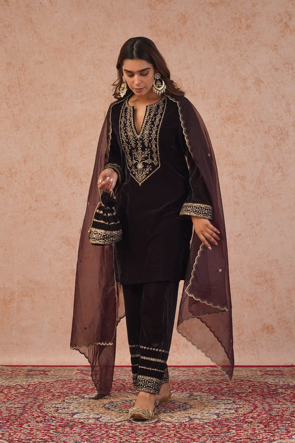 Brown Velvet Embroidered Kurta Set with Organza Dupatta — INCHING INDIA