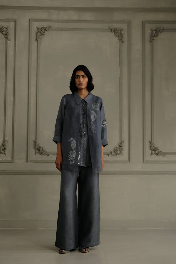 Stone Blue Linen Shirt and Flared Pants Co-ord Set — Arcvsh Pallavi Singh