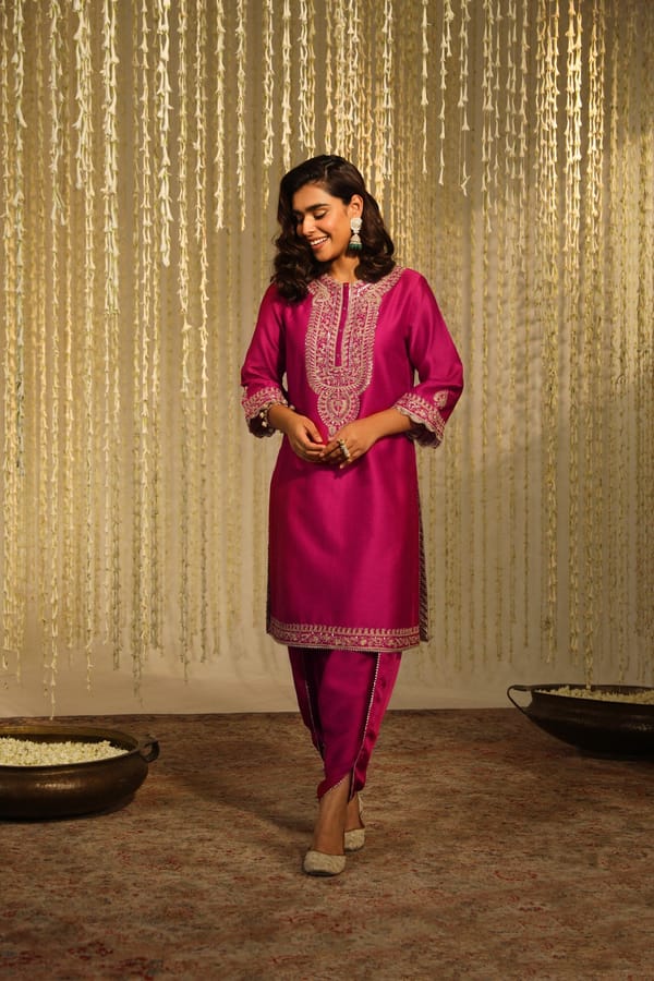 Hot Pink Embroidered Straight Kurta with Dhoti Set — Sheetal Batra