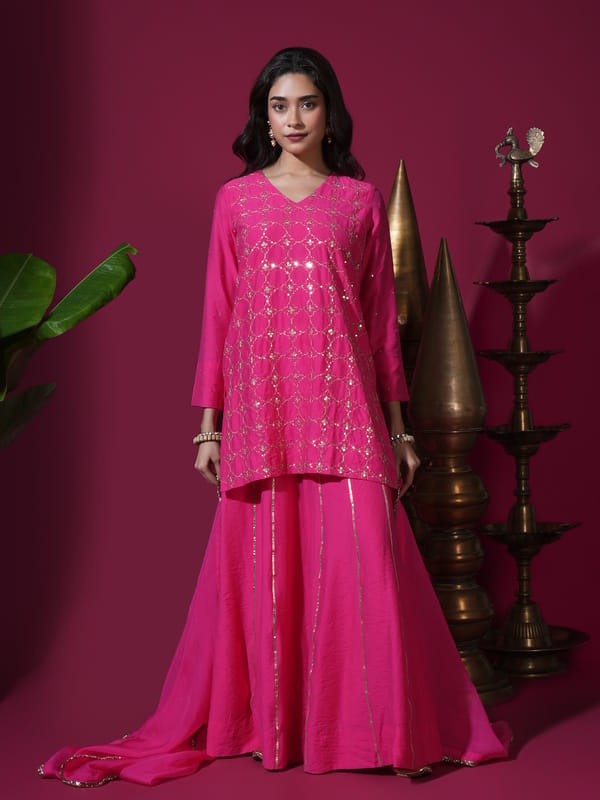 Pink Geometric Jaal Short Kurta Palazzo Set — KOMAL SHAH