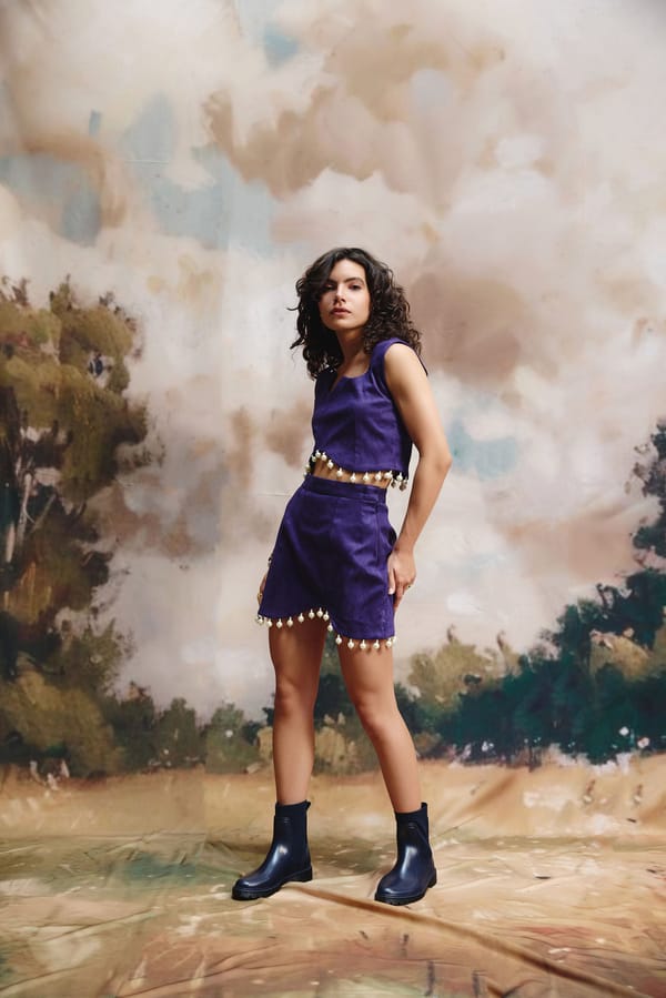 Purple Suede Top and Mini Skirt Co-ord Set with Pearl Trim — Zip by Payal Zinal