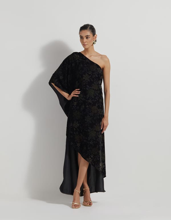 Black One-Shoulder Velvet High-Low Maxi Dress — Kavita Bhartia