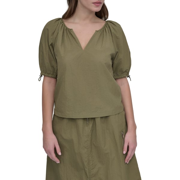Utility Green Perforated Nylon Puff Sleeve V-Neck Top — DKNY