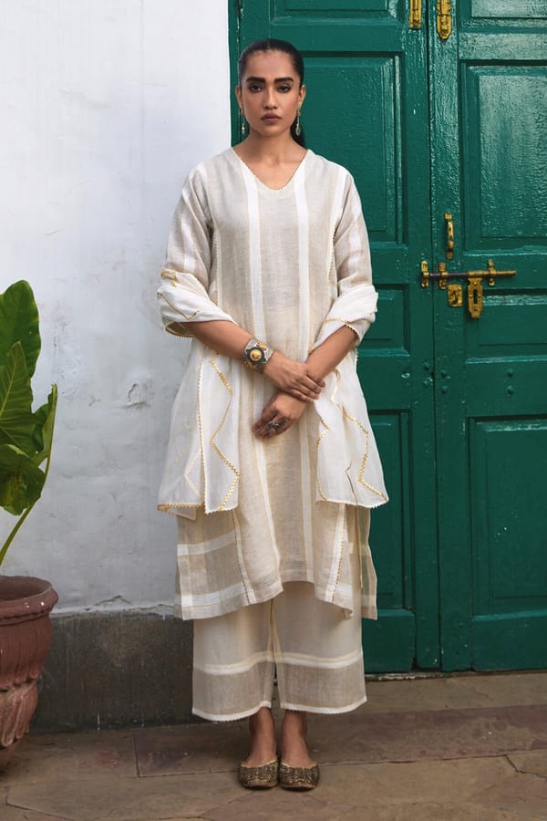 Beige Striped Linen Kurta Set with Dupatta — YELL