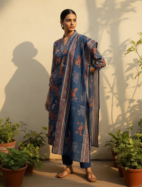 Floral Print Embroidered Kurta Pant Dupatta Set — Truebrowns