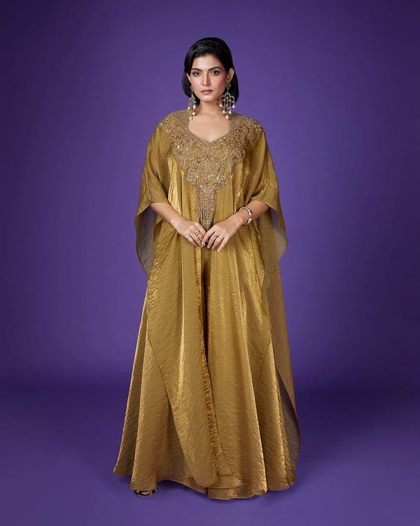 Golden Glow Shimmer Kaftan Co-ord Set with Sharara — QUNIC