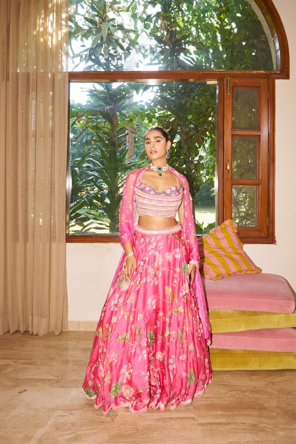 Fuchsia Floral Satin Organza Lehenga Set with Dupatta — SURABHI ARYA