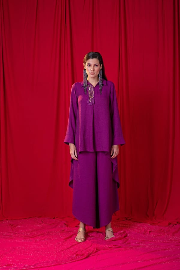 Purple Khadi Shirt and Wide-Leg Pants Co-ord Set — EnEch