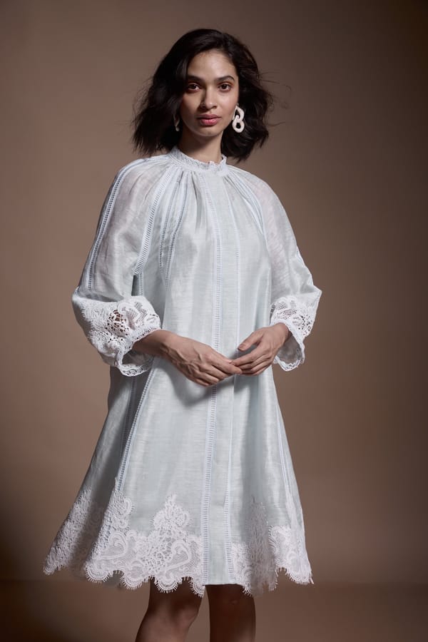 Mint Blue Linen Silk Lace Detail Midi Dress — Dash and Dot