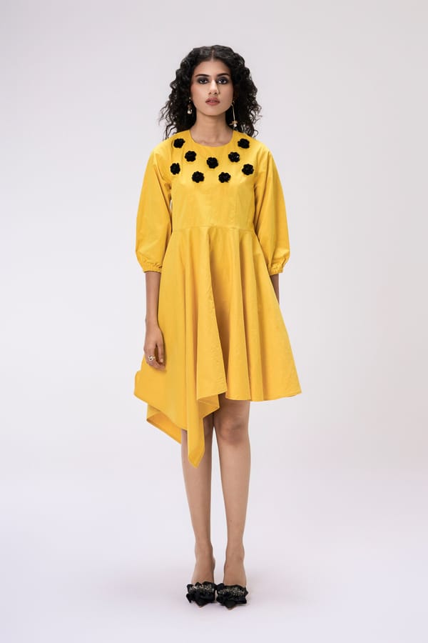 Yellow Handkerchief Hem Dress with 3D Floral Applique — KOR