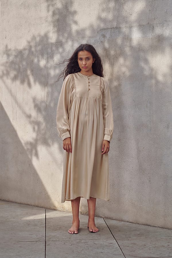 Beige Corn Husk Smock Midi Dress with Button Placket — ALTER NATIVE