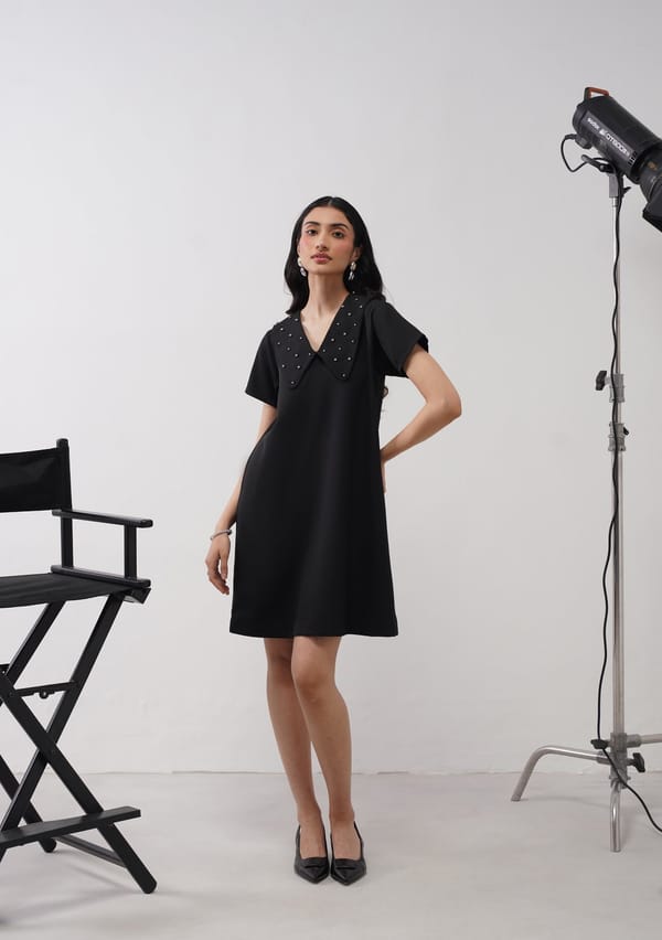 Black Mini Dress with Pearl-Embellished Collar — AMOSHI