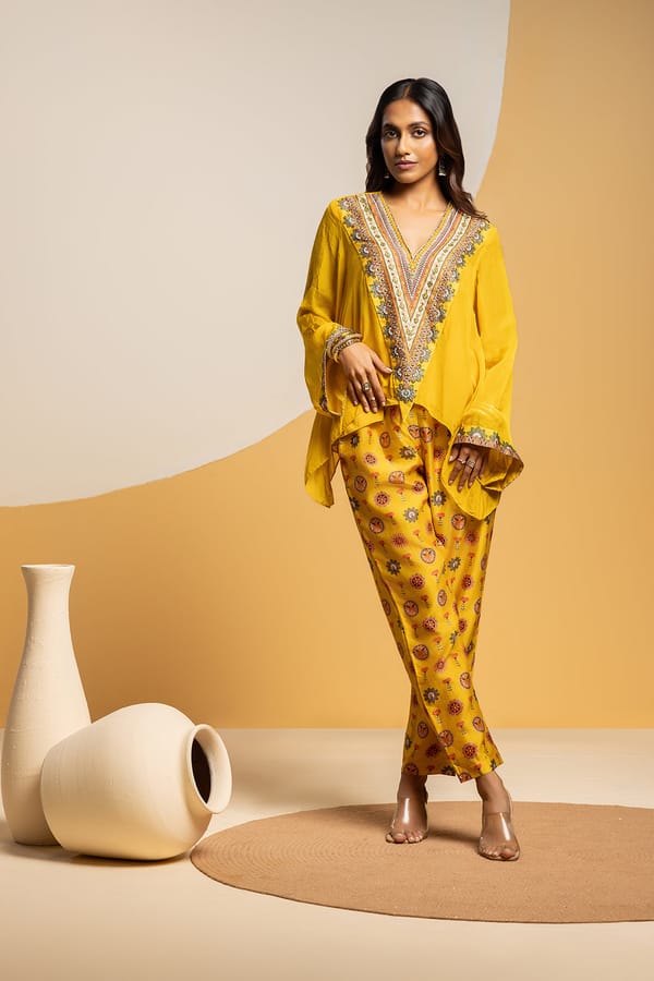 Yellow Chanderi Embellished V-Neck Asymmetrical Kurta Set — SOUP by Sougat Paul