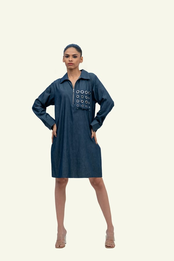 Blue Denim Cotton Dress with Eyelets — Richa Goenka
