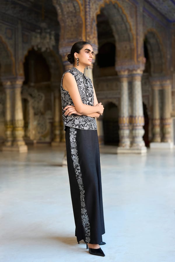 Metallic Thread Embroidered Straight-Cut Pant — Dash and Dot