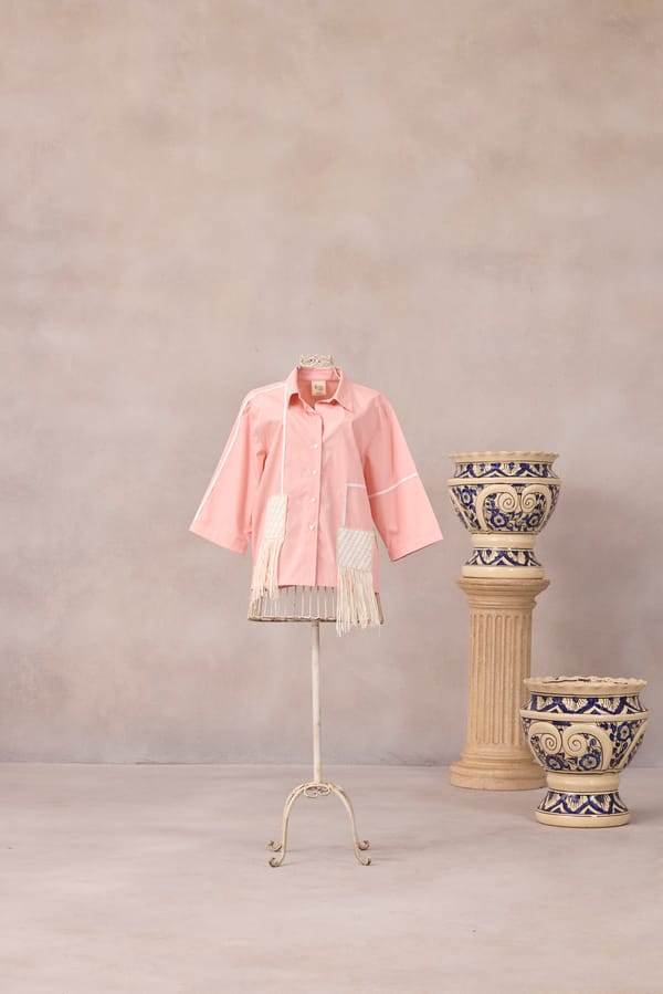 Sunset Pink Boxy Cotton Poplin Shirt with Crochet Fringe — 63East