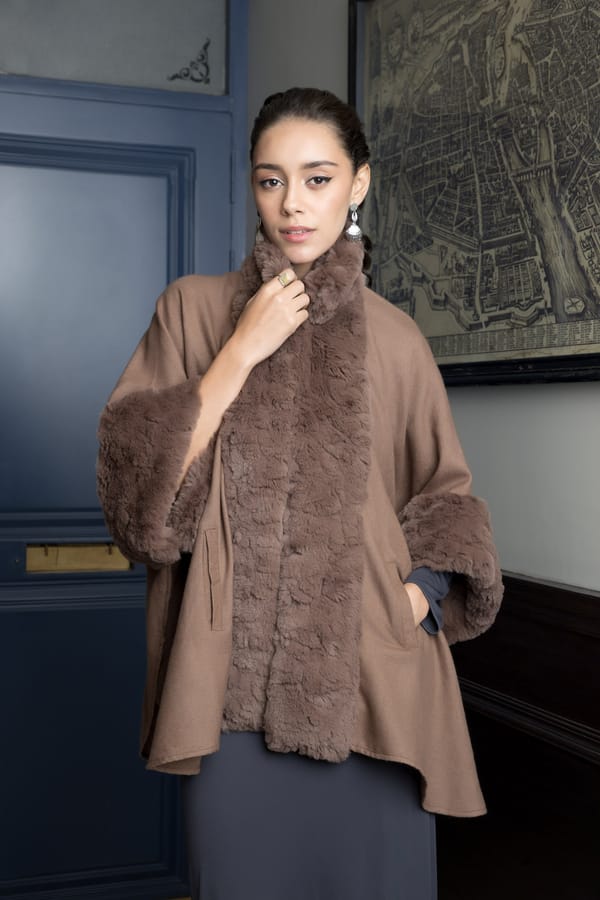 Taupe Wool Cape with Fur Trim — Rhe-Ana