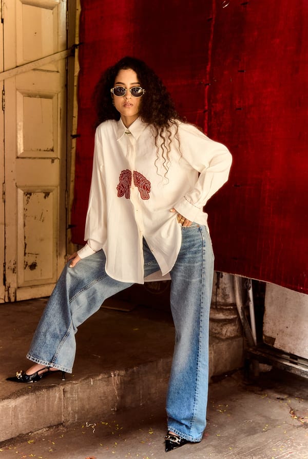 Off-White Longline Button-Down Shirt with Red Motif — JODI