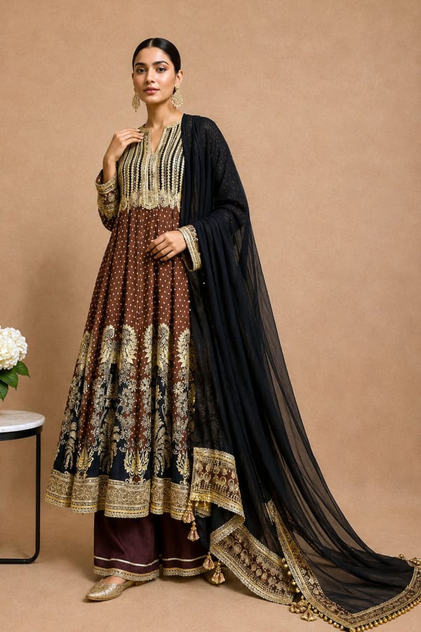 Brown Crepe Anarkali Suit With Black Embroidered Dupatta And Detailing — ISHUM By Karan Kapoor