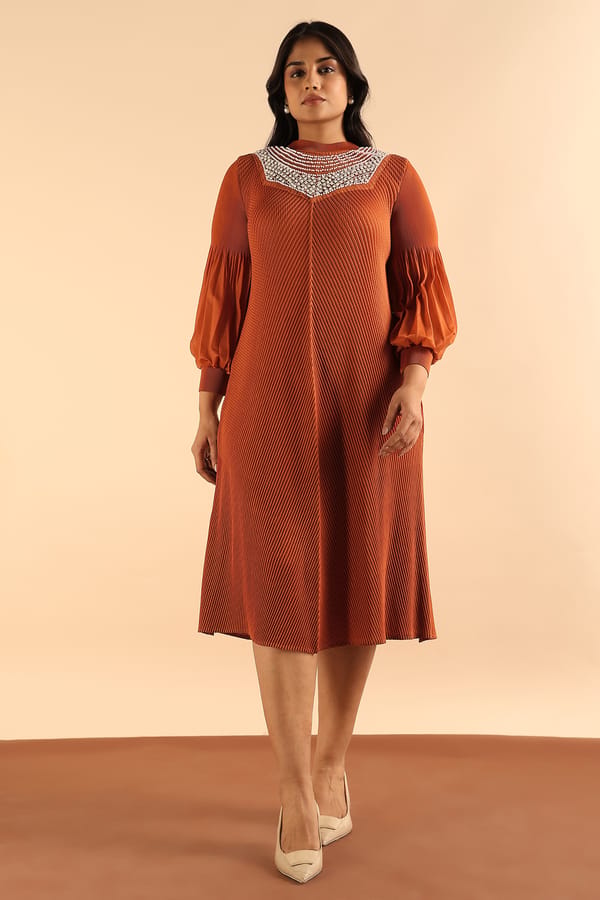 Orange A-Line Midi Dress with Beaded Yoke — Pleats by Aruni