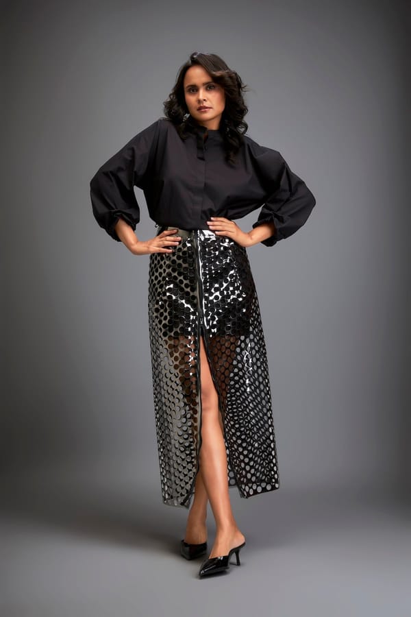 Metallic Gun Metal Skirt With Geometric Cutout Detailing — Deepika Arora