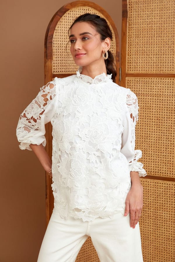Snow White Floral Lace High Neck Blouse — BOHO-CHIC
