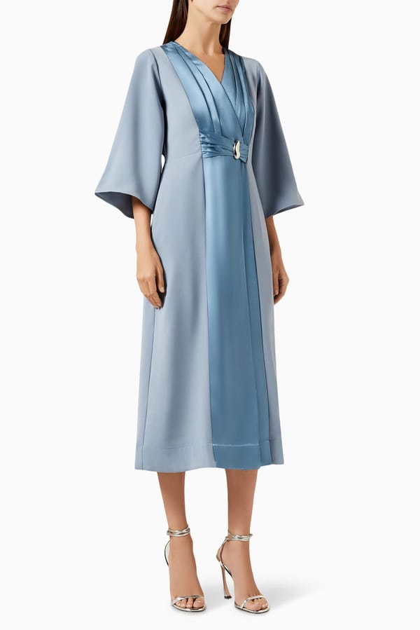 Stone Blue Crepe Satin Belted Midi Dress — NOTEBOOK