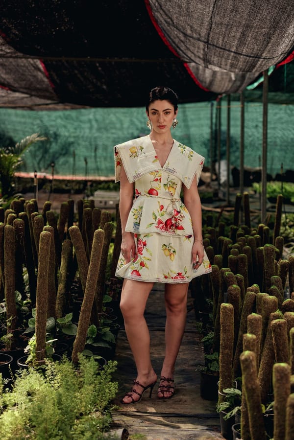 Off-White Fruit Print Tiered Mini Dress with Lace Collar — BELONG