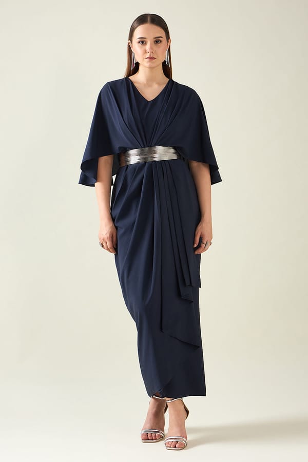 Midnight Navy Dress With Belt — Aakaar