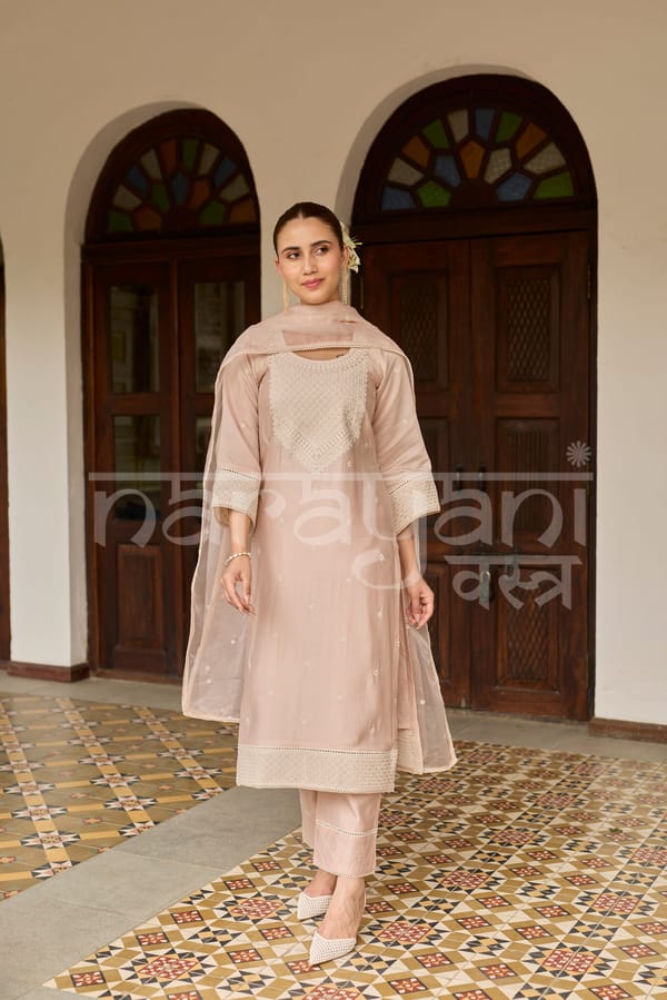Elina - Powder Peach Chanderi Suit Set — NARAYANI VASTRA