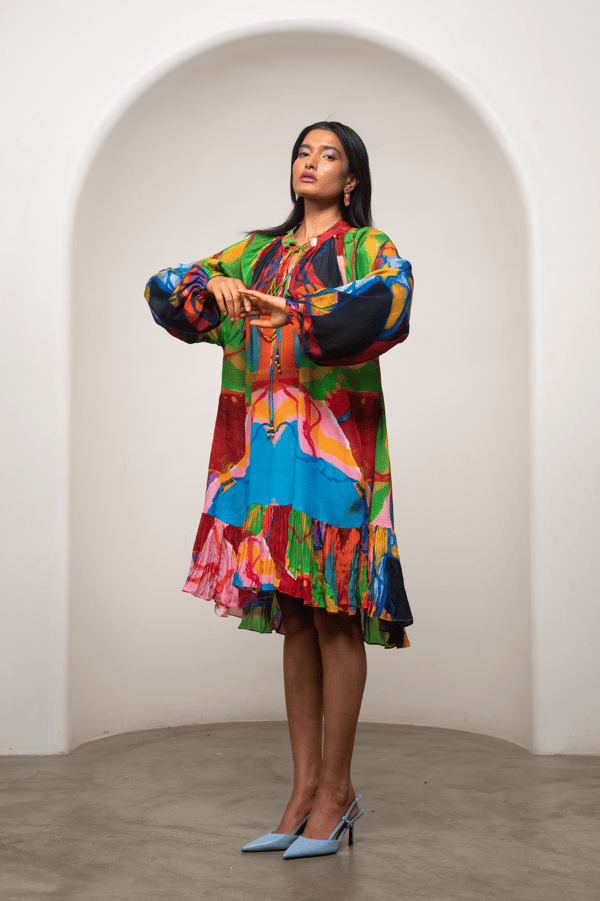 Multicolor Abstract Printed Tiered Knee-Length Dress — ADVAIT