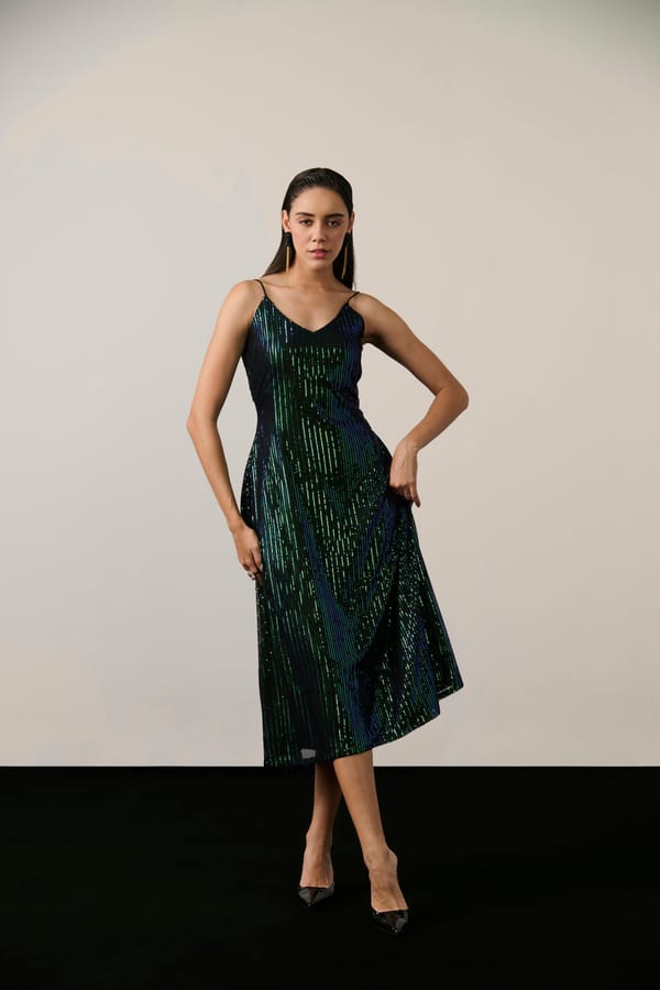 Blue and Green Sequin Mesh Midi Slip Dress — Label IRIS