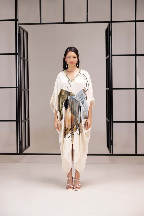 Multicolor Abstract Printed Crepe Satin Kaftan — Sakshi G Chawla