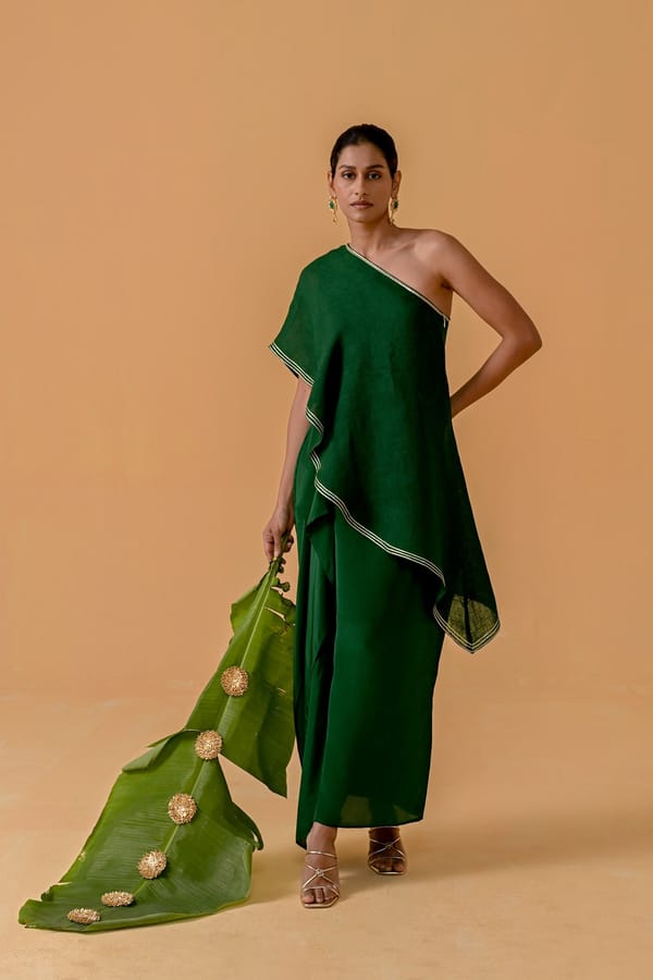 Bottle Green One-Shoulder Draped Top and Maxi Skirt Set — YELL