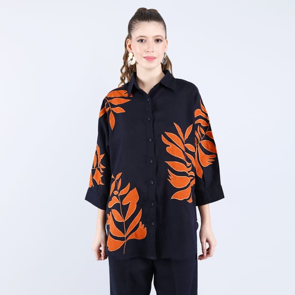 Navy and Orange Linen Shirt and Pants Co-ord Set — Linen Bloom