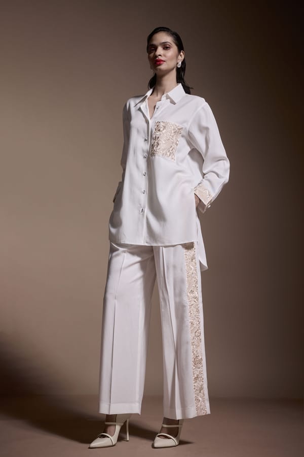 Ivory Wide-Leg Tencel Pants with Embroidered Side Panels — Dash and Dot