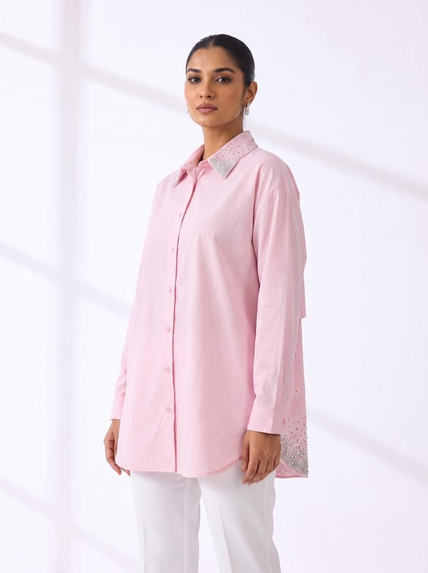 Soft Pink Oversized Shirt With Embellished Collar — THE LUXURY DRESSING