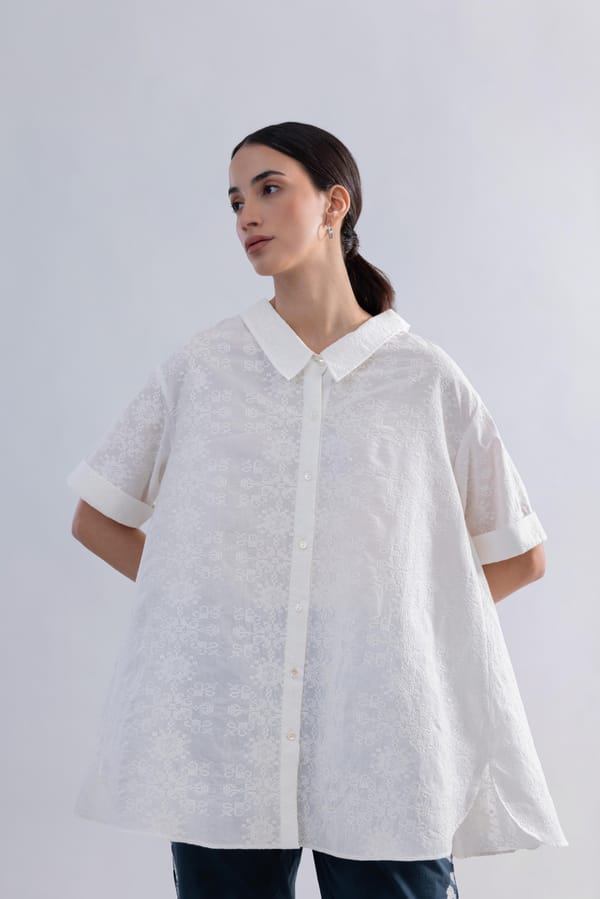 White Cotton Schiffli Anti-Fit Button-Down Shirt — Pooja Aggarwal
