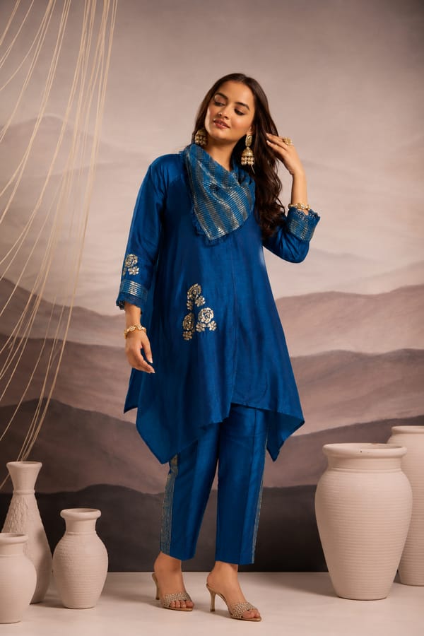 Anti-Fit Asymmetric Silk Tunic with Flower Motif Sequin Embroidery & Cowl Collar — Omi Clothing