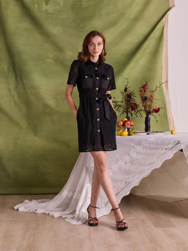Black Lace Shirt Dress with Belt and Gold Buttons — Style Island