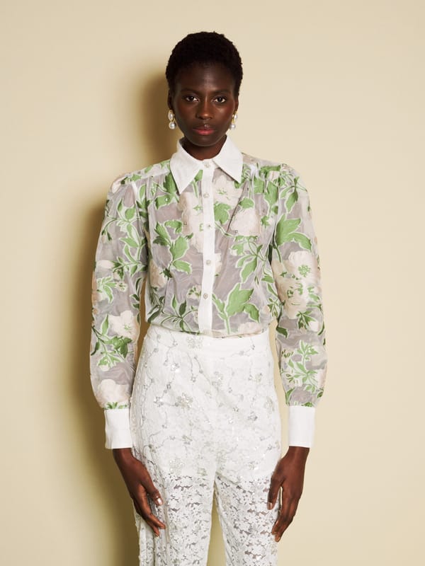 Green Floral Organza Jacquard Blouse with Gem Buttons — SISTER JANE